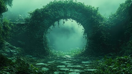 Fototapeta premium A mystical stone archway overgrown with vines, leading into a foggy, enchanted landscape.