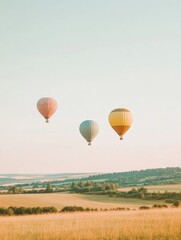 Obraz premium Colorful hot air balloons ascend over a serene field at dusk, creating a captivating view. Generative AI