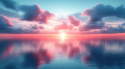 Fototapeta premium A serene sunset over calm waters, reflecting vibrant colors and fluffy clouds.