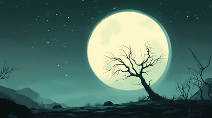 A barren landscape with a lone, skeletal tree silhouetted against a large, full moon in a starry night sky. Skeletal Landscapes. Illustration