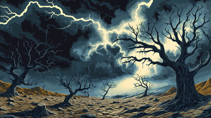 A haunting landscape of cracked earth and skeletal trees under a swirling, abominable storm with lightning tearing through a darkened sky. Skeletal Landscapes. Illustration