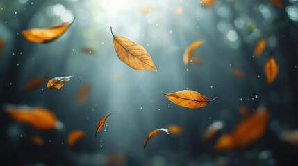 Autumn leaves floating in forest sunlight