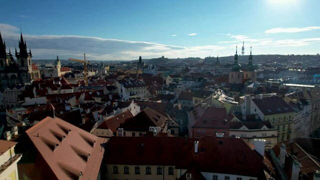 Beautiful Aerial footage of Old town Square, the Astronomical Clock, St. Nicholas Church and the Church of Our Lady before T&yacute;n yn Prague