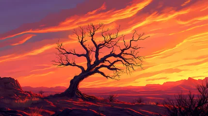 Selbstklebende Fototapeten A lone, skeletal tree stands resiliently against the backdrop of a vibrant desert sunset, its branches reaching towards a sky adorned with wispy clouds. Skeletal Landscapes. Illustration © Thiago