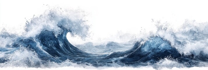 Fototapeta premium Ocean waves crashing, white background, design element