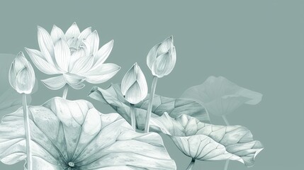 Elegant hand-drawn lotus flowers and leaves with a soft green background, perfect for calming and serene designs.
