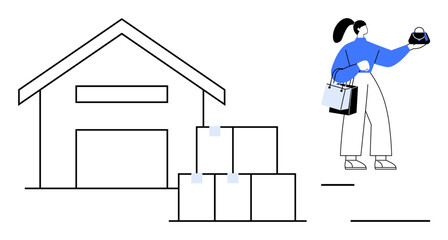 Warehouse with stacked boxes and female customer holding a package, symbolizing efficient delivery. Ideal for e-commerce, logistics, online shopping, customer service, shipping, delivery services