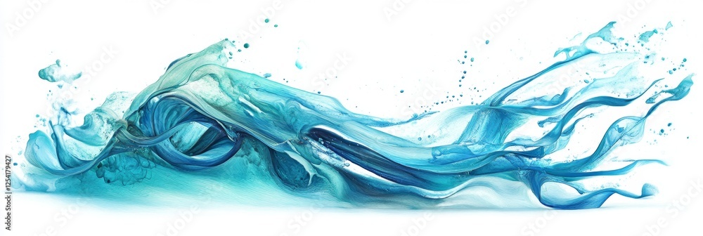 Poster abstract blue water splash; white background; dynamic flow; design element