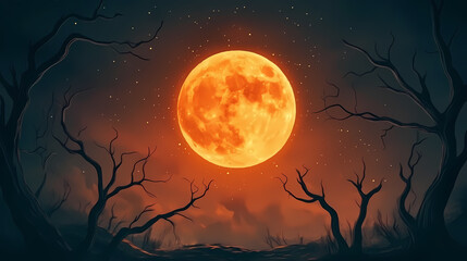 A vibrant orange full moon rises above a spooky dark landscape, casting an eerie glow on skeletal tree branches and twisted autumn foliage on halloween night. Skeletal Landscapes. Illustration