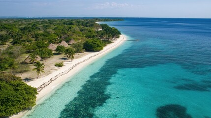 Aerial view of a beach shoreline where golden sand meets deep blue waters.