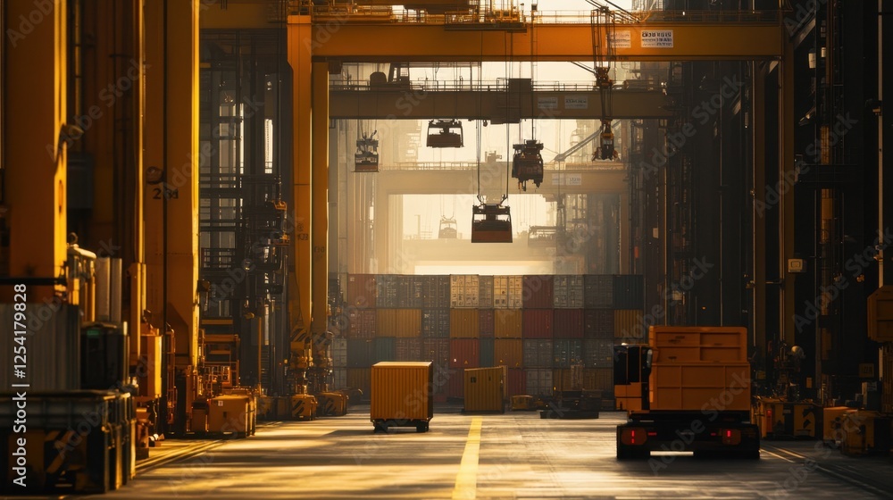 Poster a bustling shipping port with stacked containers and cranes in motion.