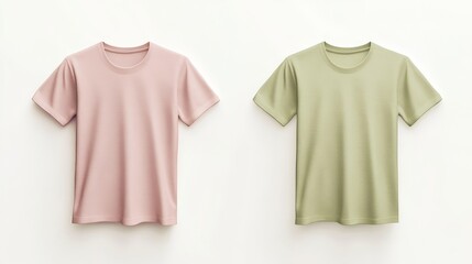 Fototapeta premium Short-sleeved T-shirt mockup with a blank design in pastel colors. The T-shirt is shown from both the front and back angles. 
