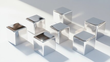 Striking silver blocks with contrasting shadows and reflections, simple squares on a white background in a 3D rendering 
