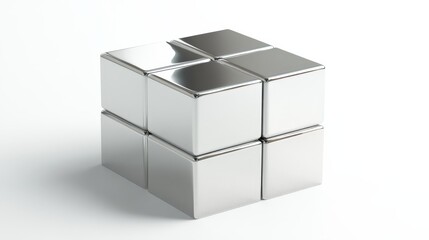 Fototapeta premium Striking silver blocks with contrasting shadows and reflections, simple squares on a white background in a 3D rendering 