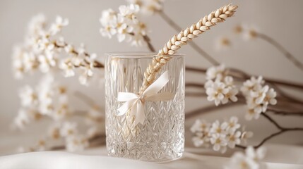 Traditional Novruz semeni wheat glass decorated with ribbon on a neutral backdrop and white blooming branch, celebrating the spring equinox in Azerbaijan. 