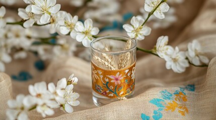 Traditional Novruz semeni wheat glass decorated with ribbon on a neutral backdrop and white blooming branch, celebrating the spring equinox in Azerbaijan. 