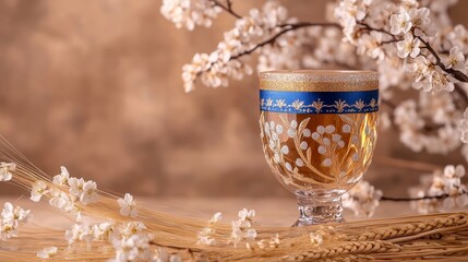 Traditional Novruz semeni wheat glass decorated with ribbon on a neutral backdrop and white blooming branch, celebrating the spring equinox in Azerbaijan. 