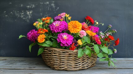 A decorative floral arrangement in a woven basket with bright summer flowers.