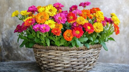 A decorative floral arrangement in a woven basket with bright summer flowers.