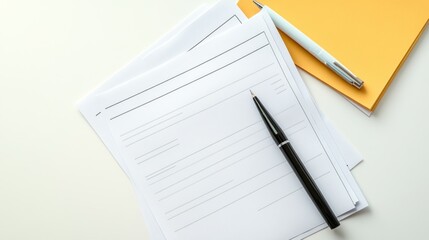 Blank forms, pens, and stationery on white desk