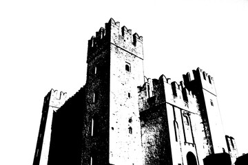 Mystical medieval castle in black and white, background