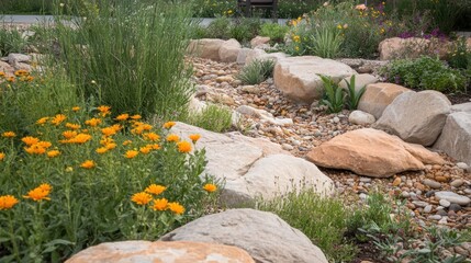 Fototapeta premium A dry riverbed landscaping feature with smooth stones and drought-resistant plants.