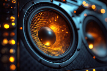 Speaker lit up on stage, captivating audience with colorful lights and dynamic presentation. Audience watches in awe, absorbed in the speaker's words.