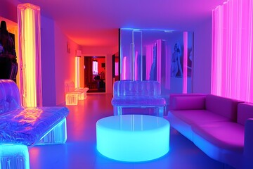 Neon color palettes in interior design, featuring rooms decorated with neon art pieces and illuminated furniture for a contemporary look.