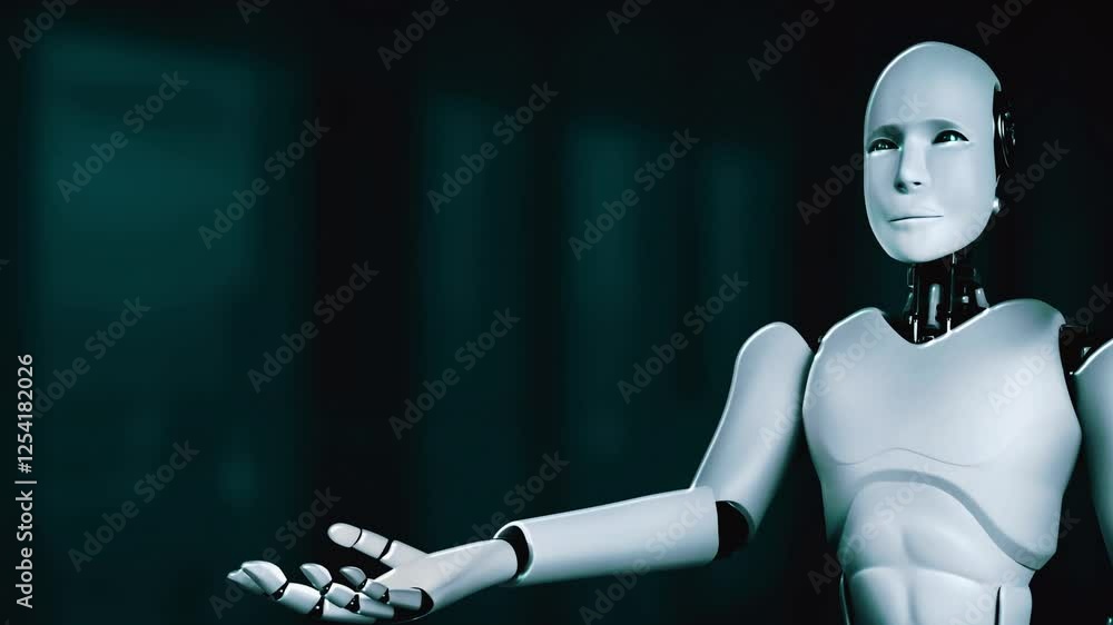 Poster ai hominoid robot holding hologram screen shows concept of global communication network using artifi
