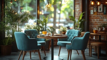 Cafe interior with teal chairs and plants. Casual dining