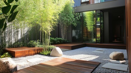 Fototapeta premium Bamboo garden with a serene atmosphere, wooden pathways, and stone accents.