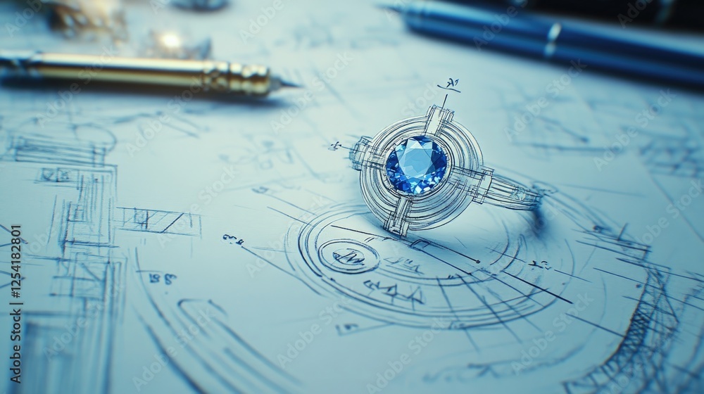 Poster blueprint sketches of an intricate sapphire ring with various design notes.