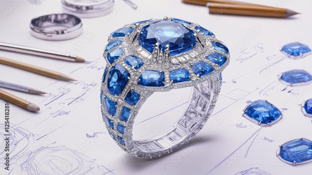 Poster blueprint sketches of an intricate sapphire ring with various design notes.