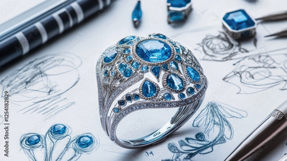 Fototapete Blueprint sketches of an intricate sapphire ring with various design notes.