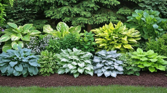 A peaceful shade garden with hostas, ferns, and soft ground cover.