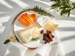 Elegant cheese platter showcasing a variety of cheeses, fruits, and garnishes arranged on a white backdrop with natural light