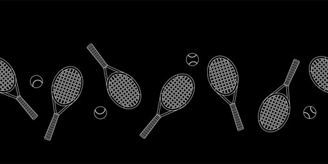 Seamless border. Tennis rackets and balls on a black background. Popular sports. Vector illustration for wallpaper, wrapping paper, print. Black and white. © OLESIA