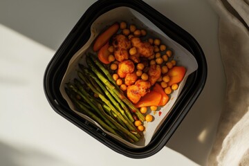 Cooking healthy vegetables and chickpeas in an air fryer basket during meal prep session