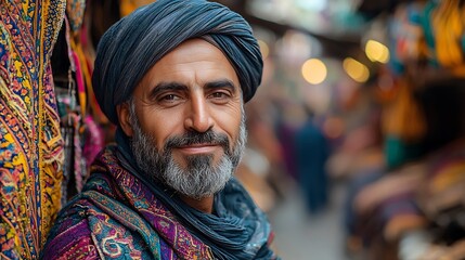 Fototapeta premium Hardworking entrepreneur in a bustling street market surrounded by vibrant stalls and traditional crafts representing self made wealth in Karachi