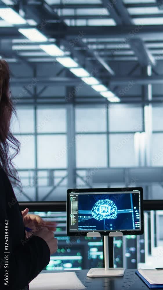 Poster vertical video team of engineers in data center with tablet integrating ai driven automation tools, 