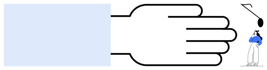 Giant hand reaching towards a tiny figure with a blue shirt, who is holding their chin in thought near a small speaker. Ideal for communication, assistance, introspection, guidance, scale