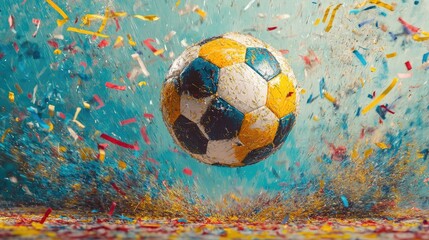 A soccer ball in mid-air surrounded by colorful confetti, symbolizing celebration and sport.