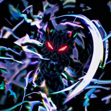Demonic anime creature with glowing red eyes and a scythe in a chaotic energy storm.