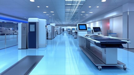 High-tech airport security checkpoint with sleek, modern scanning equipment.