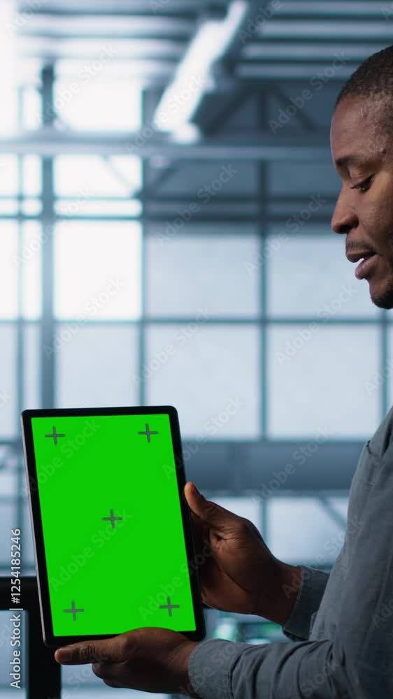 Aufkleber vertical video server room data scientists using mockup tablet, conducting security audits to preven