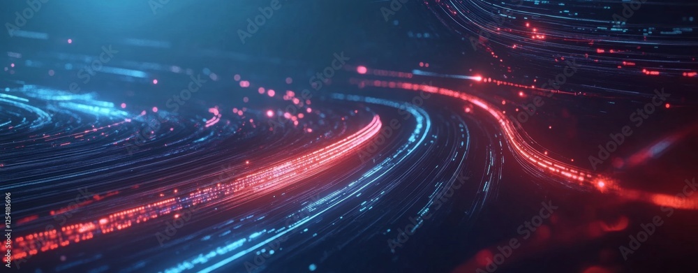 Poster red blue data streams swirl, digital flow background, tech concept