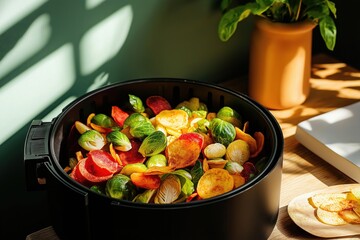 Crispy roasted Brussels sprouts and colorful vegetables prepared in an air fryer on a sunny kitchen countertop