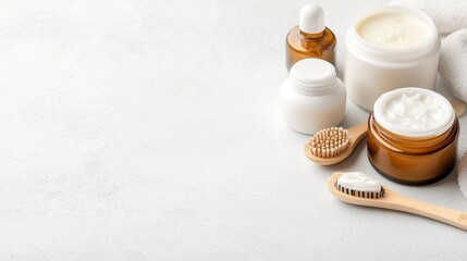 Skincare routine, natural products, bathroom,  white background, wellness