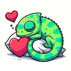 Cute Chameleon Sleeping On Love Pillow Cartoon Vector Icon Illustration