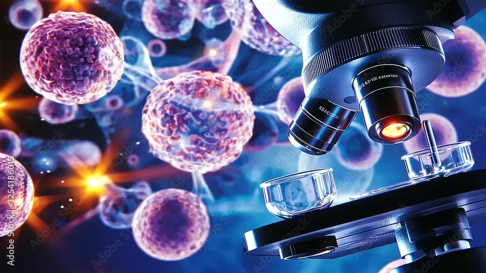 Poster close-up footage of intricate cellular formations under a microscope in a contemporary lab environme